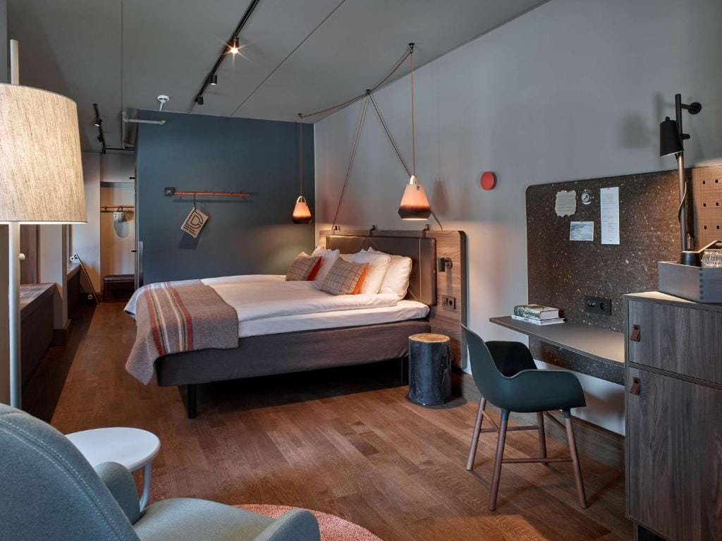 Comfortable hotel room at the Downtown Camper city centre hotel in Stockholm for a workation