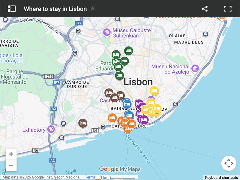 Map of where to stay in Lisbon