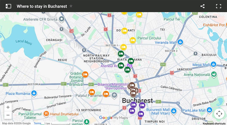 Map of where to stay in Bucharest