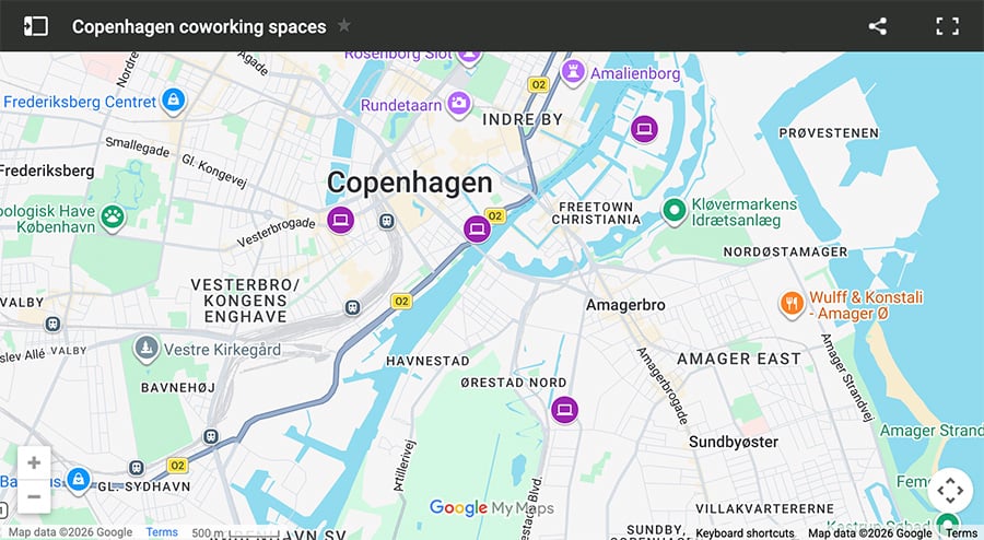 Map of coworking spaces in Copenhagen