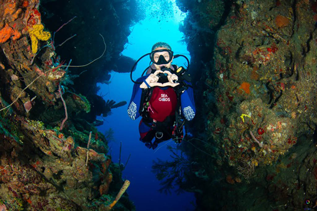 Dr Meredith Calvert diving among coral